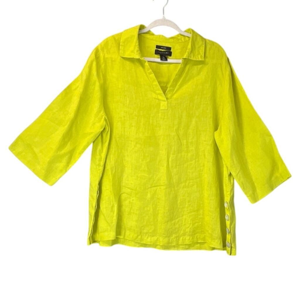 Tahari Women’s Limo-Green-Yellow 100% Linen 3/4 Sleeveless V Neck Blouse Lagen